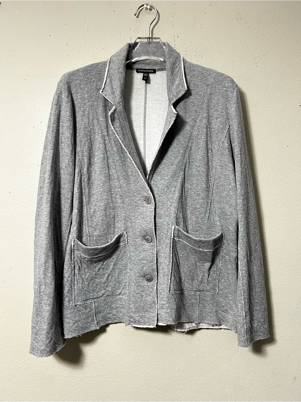 Eileen Fisher Women Medium Organic Cotton Blazer Double Layer Raw Edge Moon Gray